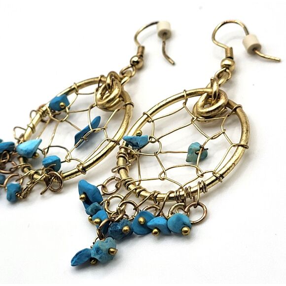 Vintage Gold tone Turquoise Dream Catcher Dangle Drop Earrings 3in - Picture 5 of 5